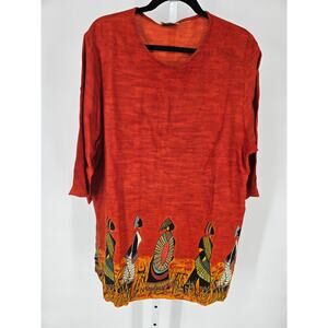 Nefertiti Collection Orange Round Neck 3/4 Sleeve Printed Top Size XL Safari